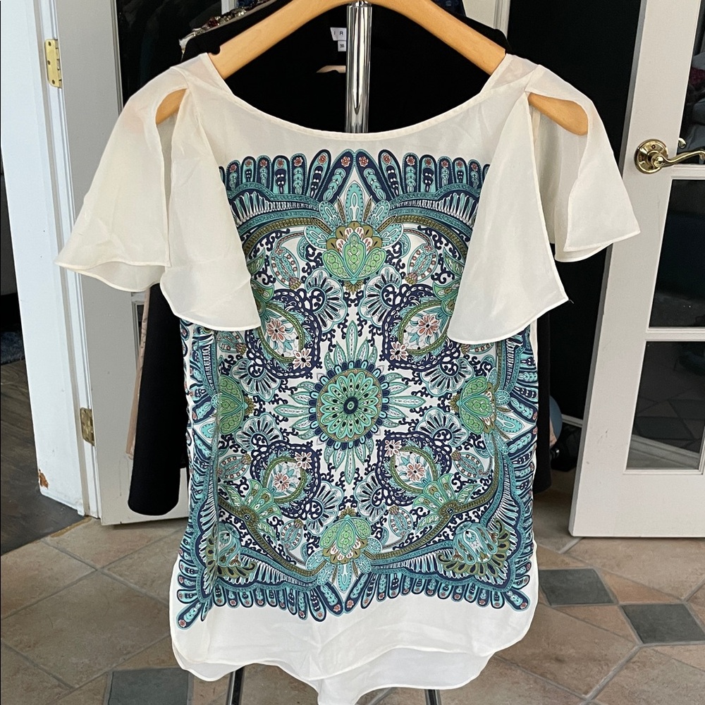 Anthropologie Maeve White Blouse with Blue and Green Pattern
